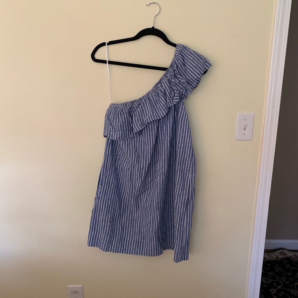 One shoulder blue and white striped Madewell dress
